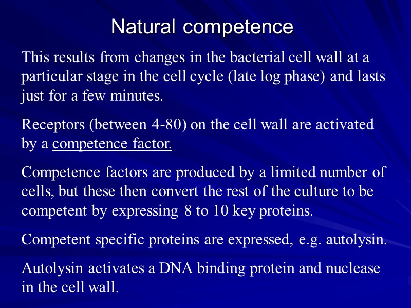 Natural competence This results from changes in the bacterial cell wall at a particular